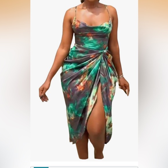 PrettyLittleThing Dresses & Skirts - Green Print Satin Strappy Cowl Neck Side Gathered Midi Dress PrettyLittleThing